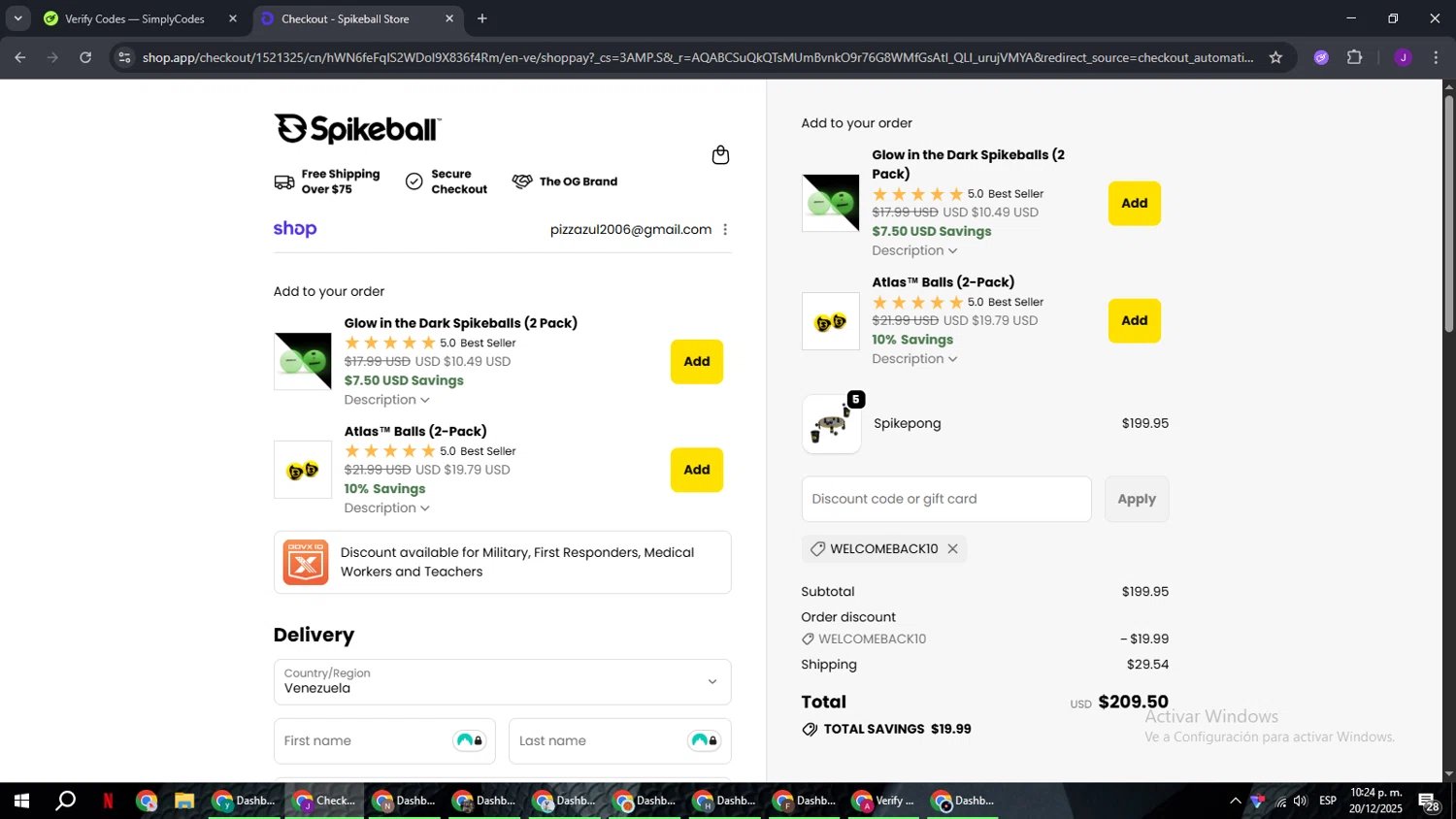 Spikeball discount code screenshot showing code WELCOMEBACK10 applied at Spikeball checkout page. Uploaded by SimplyCodes community member ComeBurra123 on Dec 21, 2025