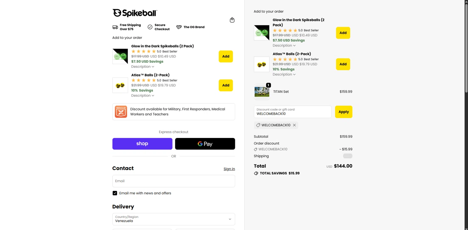 Spikeball discount code screenshot showing code WELCOMEBACK10 applied at Spikeball checkout page. Uploaded by SimplyCodes community member WiseSage2777 on Jan 29, 2026