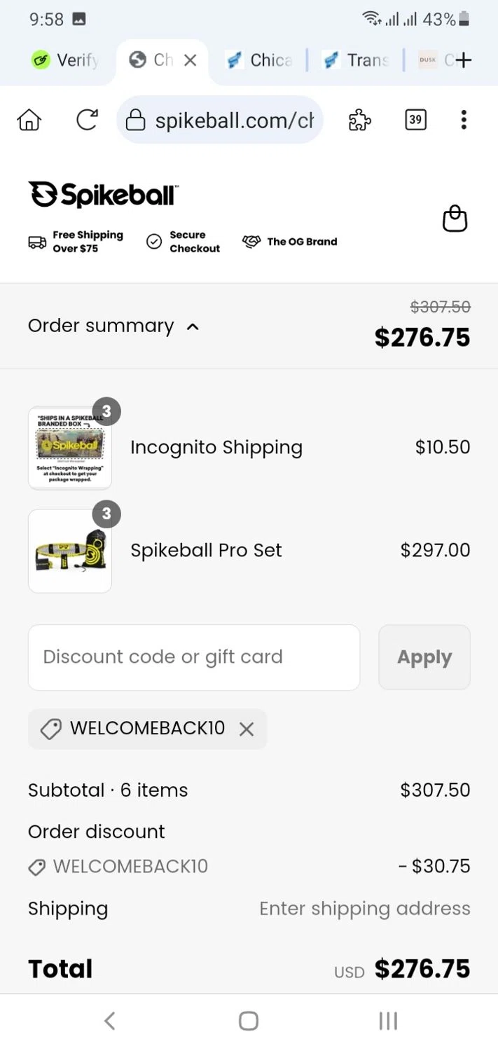 Spikeball discount code screenshot showing code WELCOMEBACK10 applied at Spikeball checkout page. Uploaded by SimplyCodes community member menotychire on Jun 12, 2025