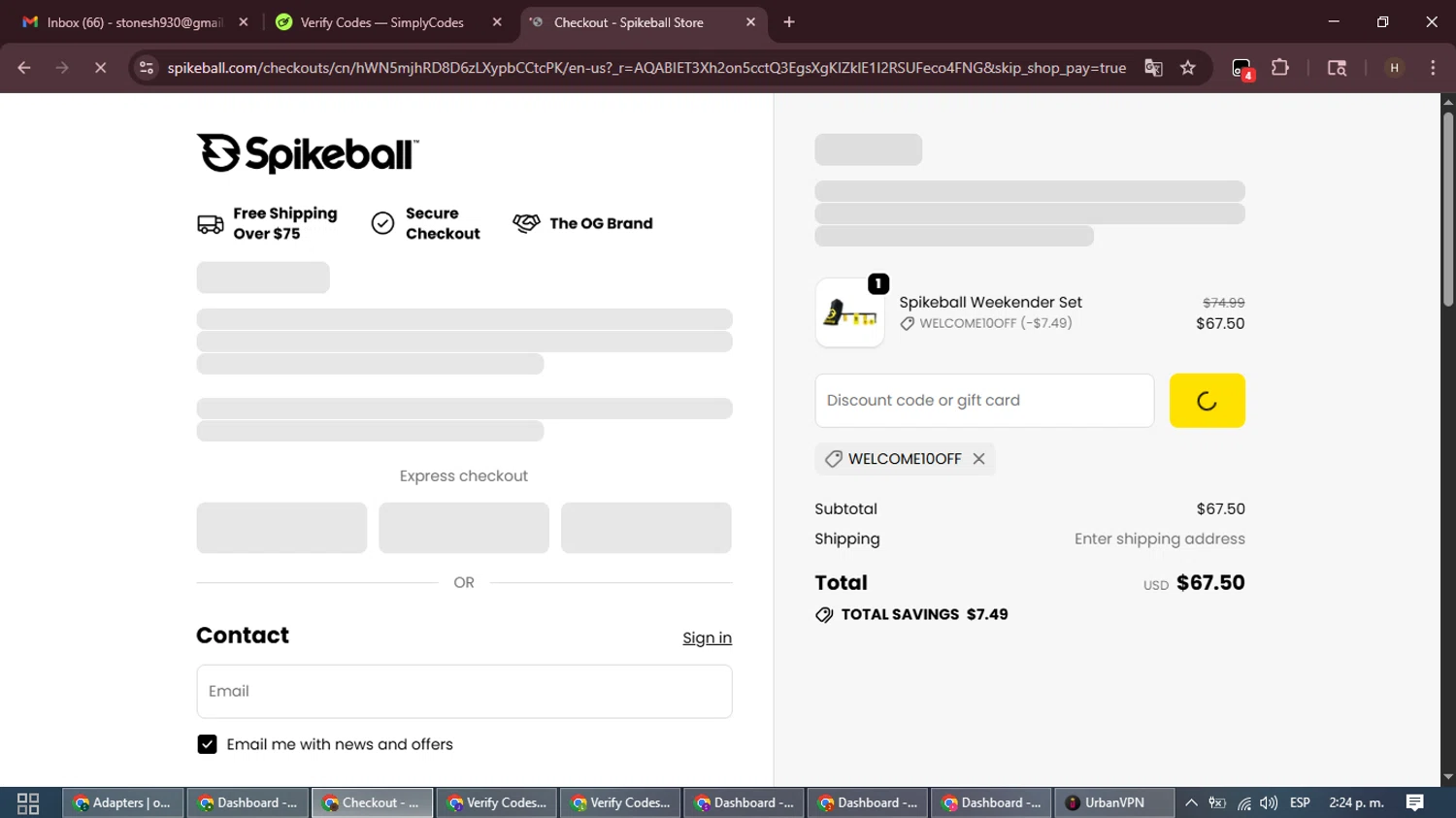 Spikeball discount code screenshot showing code WELCOME10OFF applied at Spikeball checkout page. Uploaded by SimplyCodes community member VictoriousPioneer8823 on Nov 27, 2025