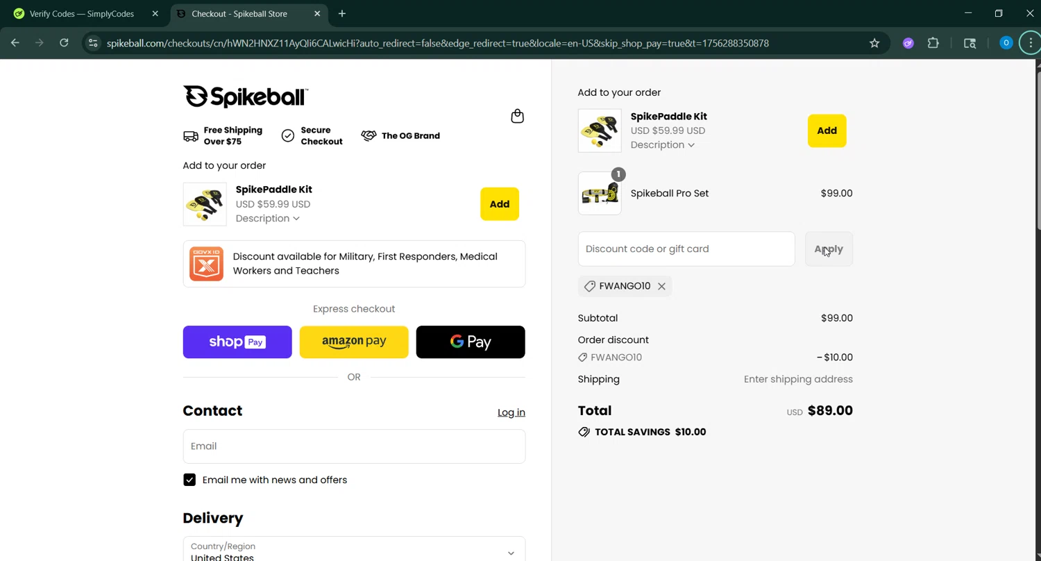 Spikeball discount code screenshot showing code FWANGO10 applied at Spikeball checkout page. Uploaded by SimplyCodes community member RoyalSage9159 on Aug 27, 2025