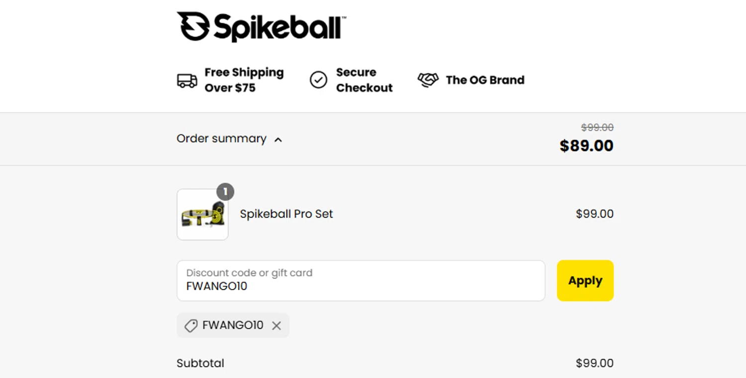 Spikeball discount code screenshot showing code FWANGO10 applied at Spikeball checkout page. Uploaded by SimplyCodes community member ashe1986 on Aug 27, 2025