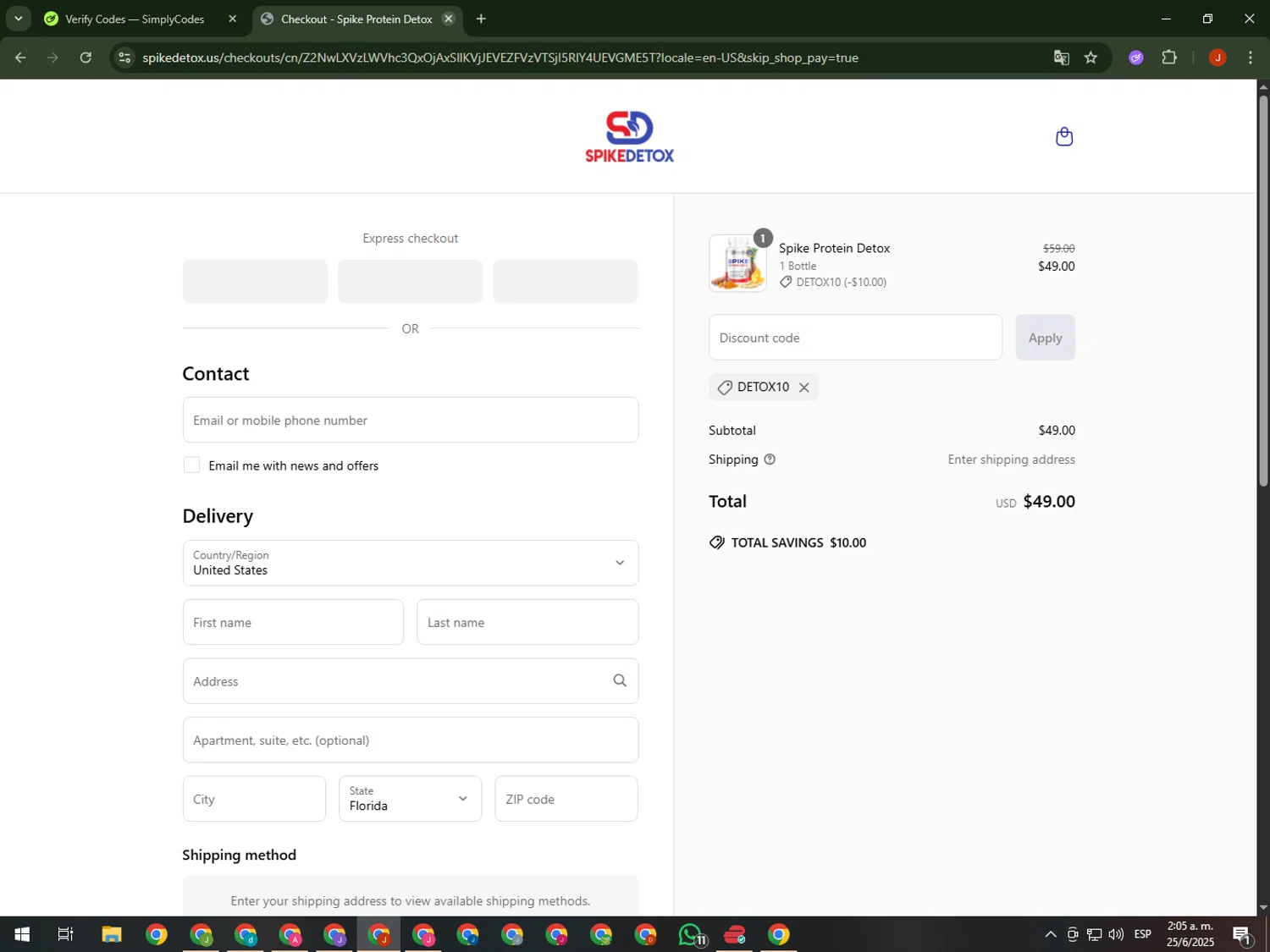 Spike Protein Detox promo code screenshot showing code Detox10 applied at Spike Protein Detox checkout page. Uploaded by SimplyCodes community member KimDokja on Jun 25, 2025