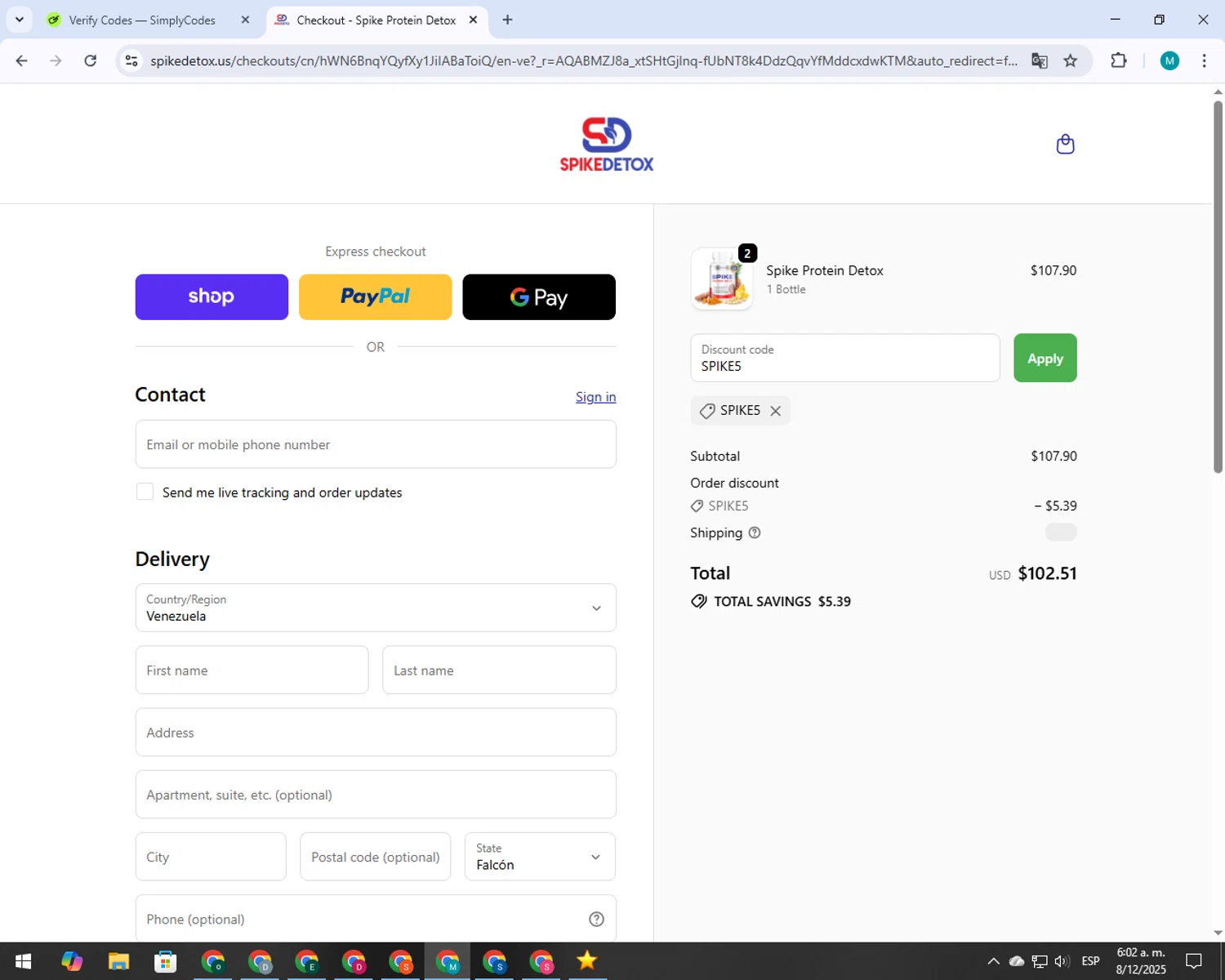 Spike Protein Detox promo code screenshot showing code SPIKE5 applied at Spike Protein Detox checkout page. Uploaded by SimplyCodes community member 000005 on Dec 8, 2025