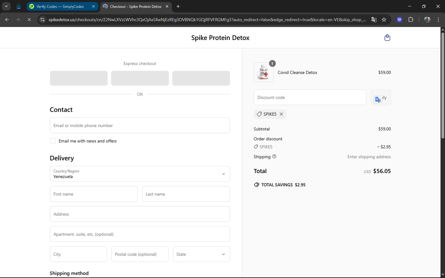 Spike Protein Detox promo code screenshot showing code SPIKE5 applied at Spike Protein Detox checkout page. Uploaded by SimplyCodes community member XXXTENTACION on Apr 4, 2025