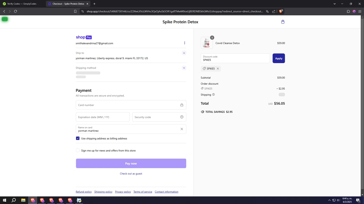 Spike Protein Detox promo code screenshot showing code SPIKE5 applied at Spike Protein Detox checkout page. Uploaded by SimplyCodes community member INSECTOS on Mar 6, 2025
