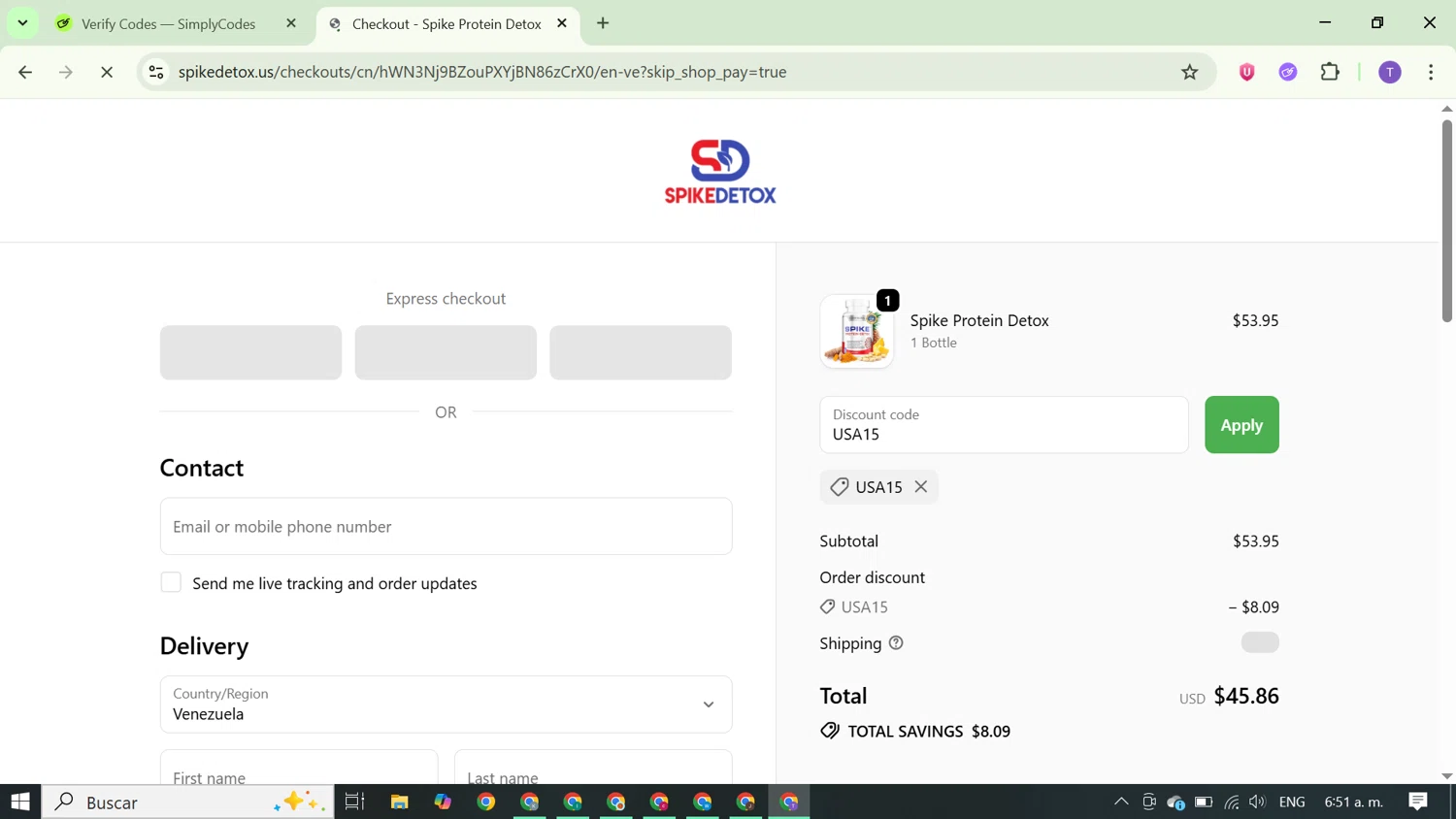 Spike Protein Detox promo code screenshot showing code USA15 applied at Spike Protein Detox checkout page. Uploaded by SimplyCodes community member FortunateCurator5882 on Sep 25, 2025