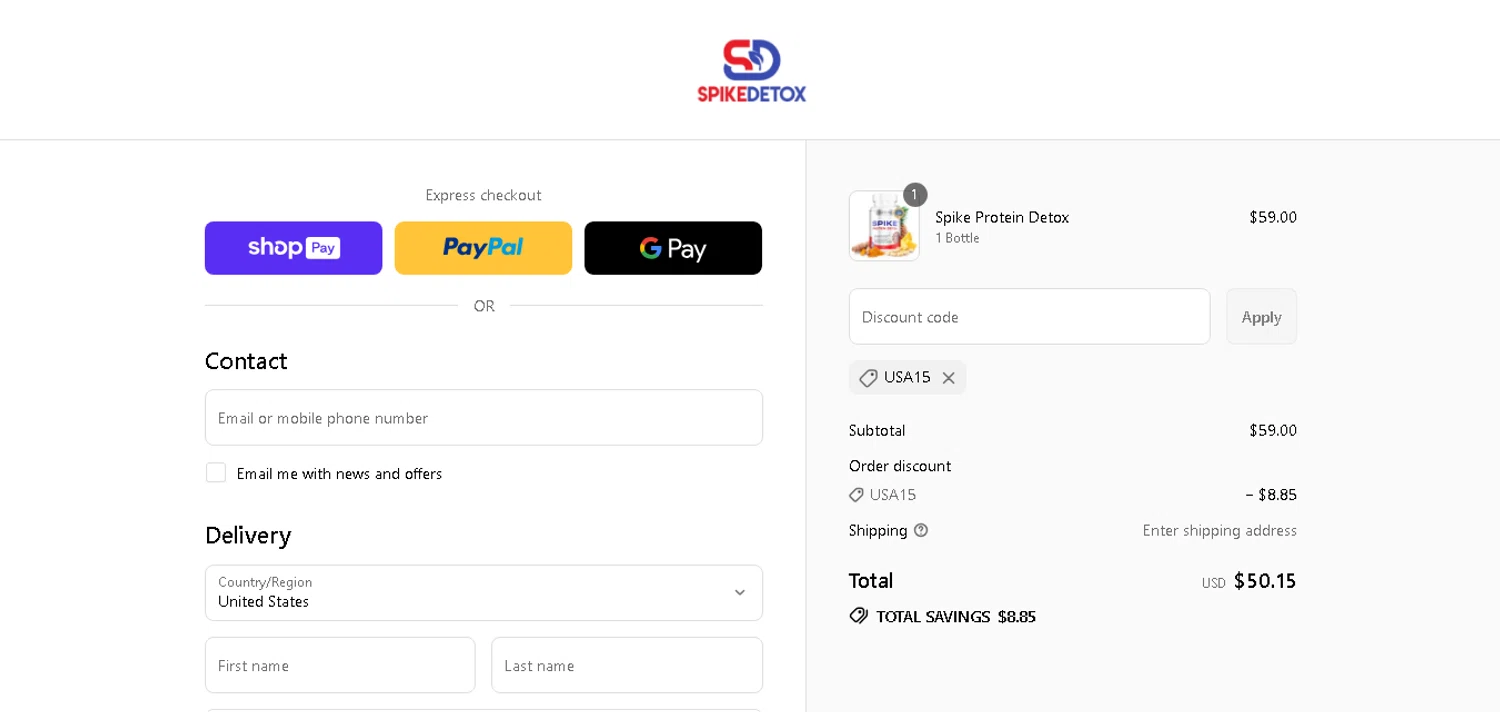 Spike Protein Detox promo code screenshot showing code USA15 applied at Spike Protein Detox checkout page. Uploaded by SimplyCodes community member xHRxUltrax on Jul 16, 2025