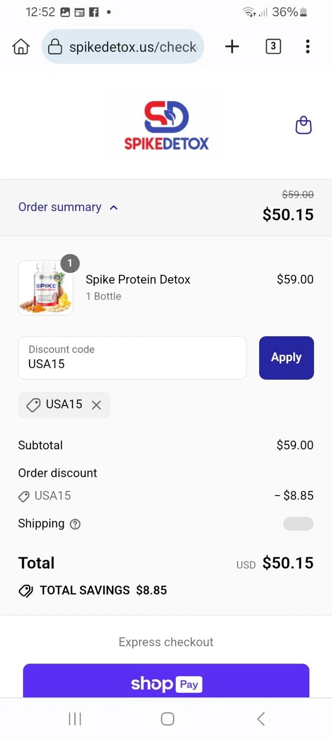 Spike Protein Detox promo code screenshot showing code USA15 applied at Spike Protein Detox checkout page. Uploaded by SimplyCodes community member MoneyMaven5115 on Jul 1, 2025