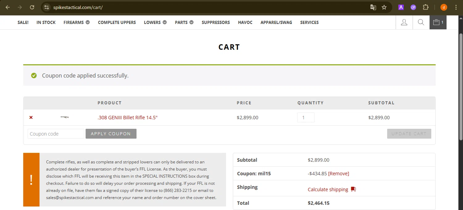 Spikes Tactical promo code screenshot showing code mil15 applied at Spikes Tactical checkout page. Uploaded by SimplyCodes community member PennyAdmiral6960 on Dec 10, 2025