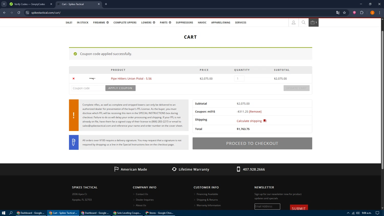 Spikes Tactical promo code screenshot showing code mil15 applied at Spikes Tactical checkout page. Uploaded by SimplyCodes community member TreasureSleuth109 on Jun 7, 2025