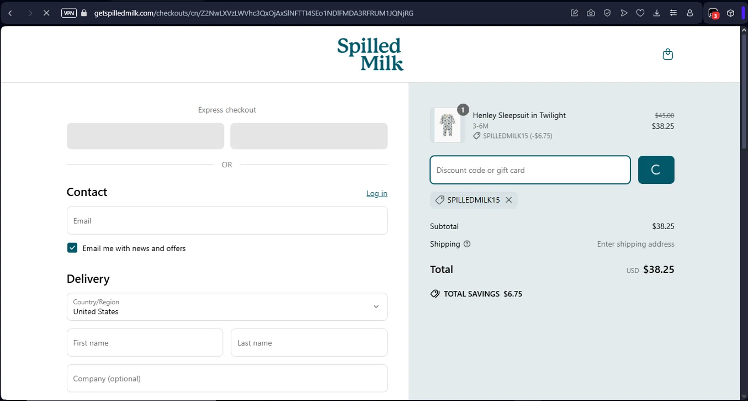 Spilled Milk Clothing promo code screenshot showing code SPILLEDMILK15 applied at Spilled Milk Clothing checkout page. Uploaded by SimplyCodes community member Fabio05 on Apr 22, 2025