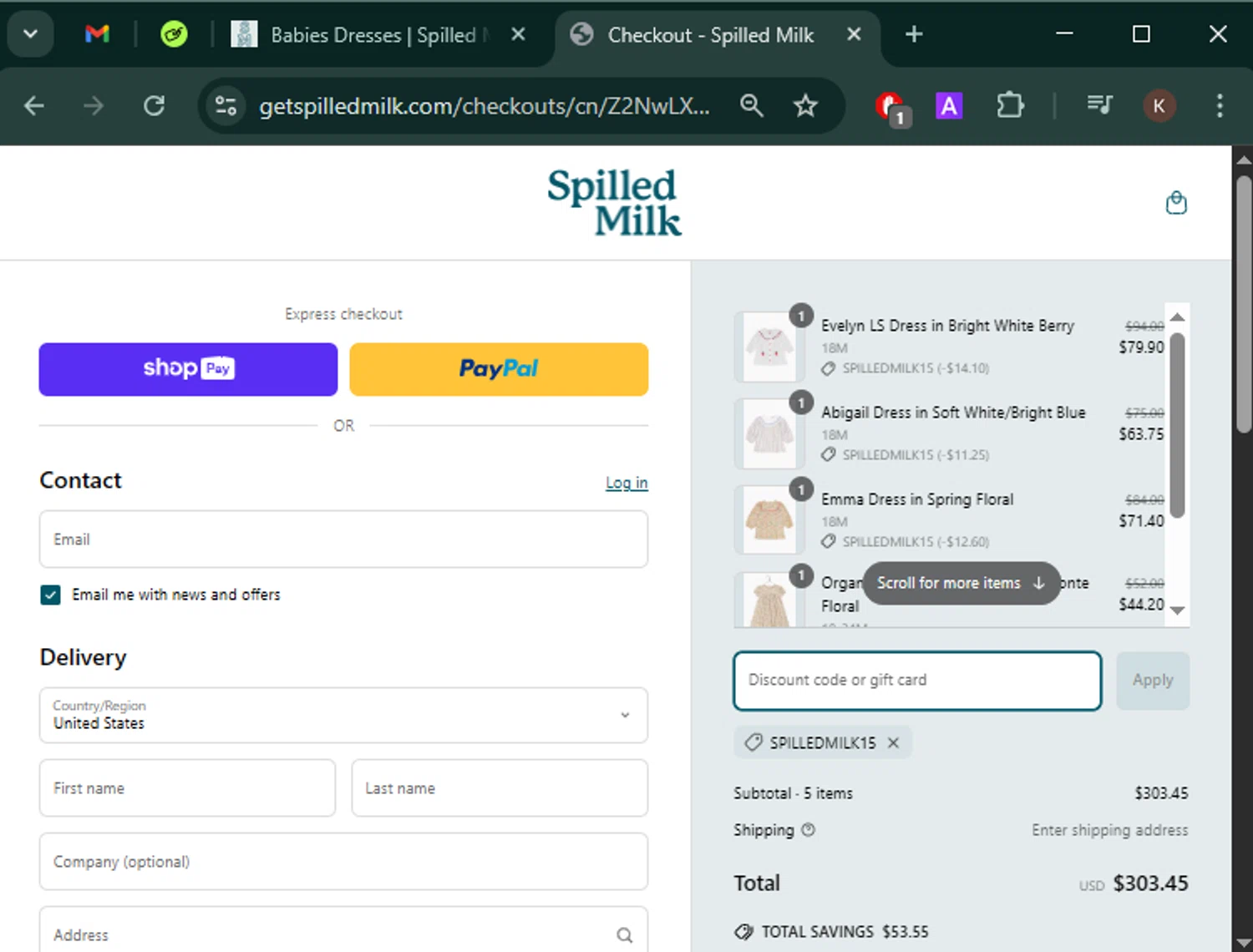 Spilled Milk Clothing promo code screenshot showing code SPILLEDMILK15 applied at Spilled Milk Clothing checkout page. Uploaded by SimplyCodes community member Keilynkeyonshea on Apr 22, 2025