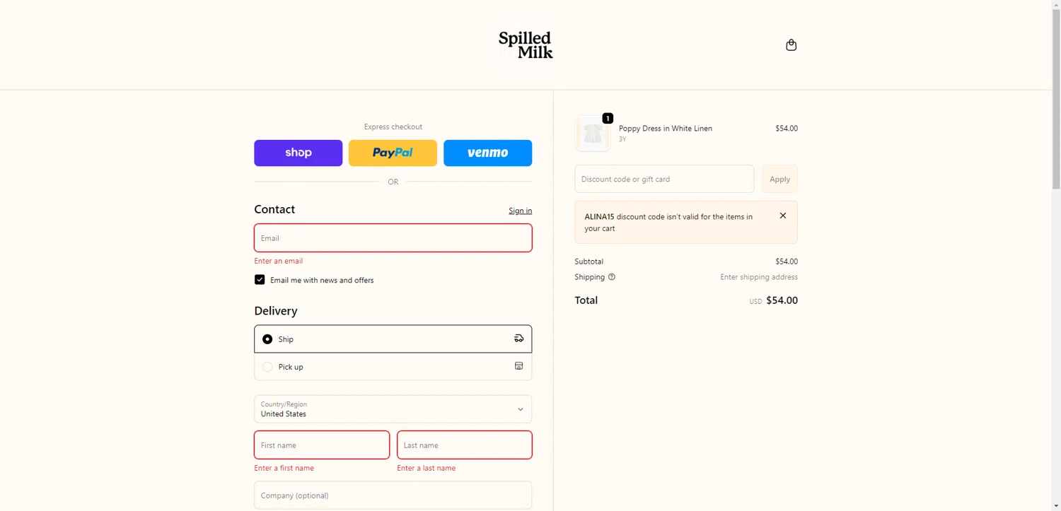 Spilled Milk Clothing checkout page showing Spilled Milk Clothing promo code box | Screenshot taken by SimplyCodes community member on Dec 26, 2025