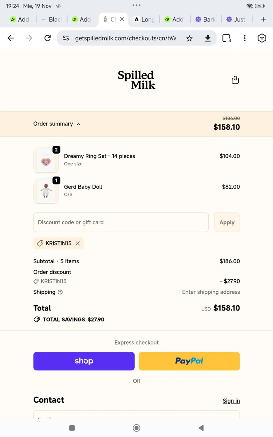 Spilled Milk Clothing promo code screenshot showing code Kristin15 applied at Spilled Milk Clothing checkout page. Uploaded by SimplyCodes community member KarinaHZ on Nov 19, 2025