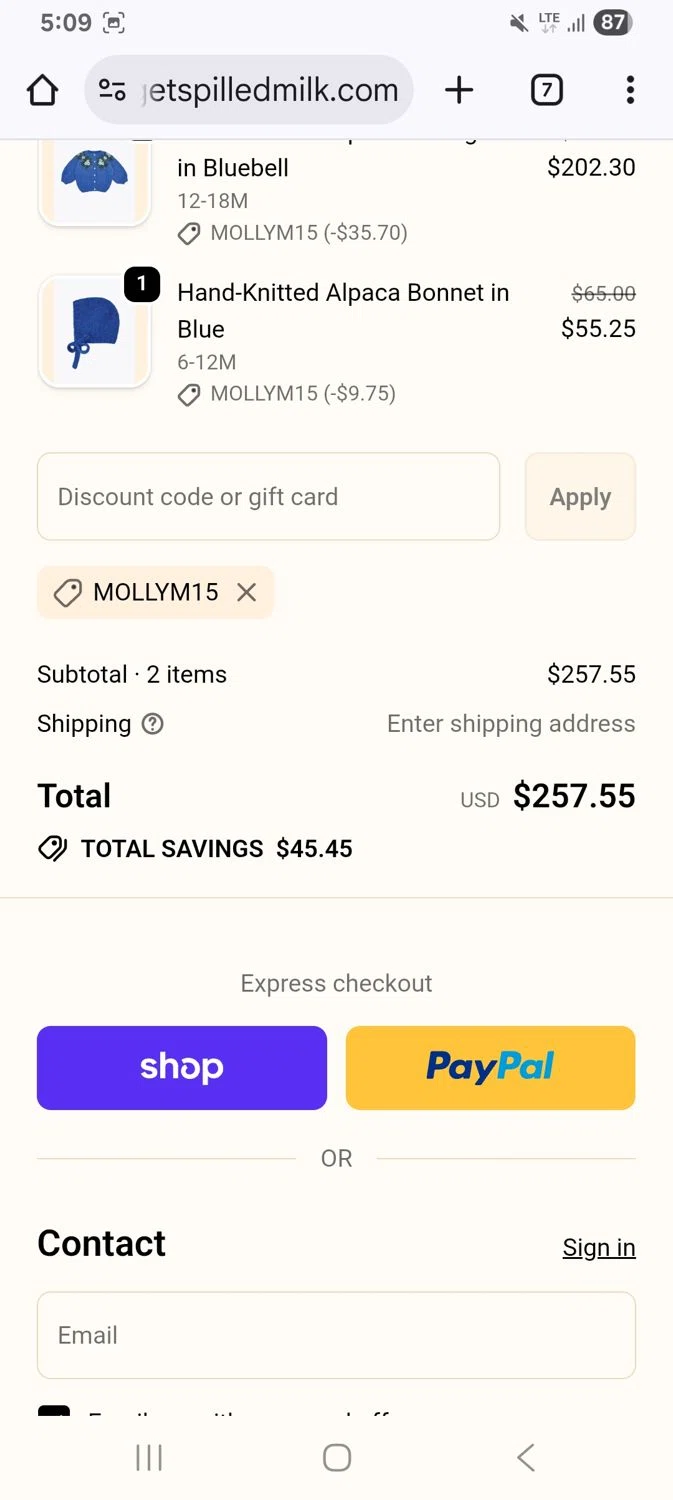 Spilled Milk Clothing promo code screenshot showing code Mollym15 applied at Spilled Milk Clothing checkout page. Uploaded by SimplyCodes community member KarinaHZ on Dec 27, 2025