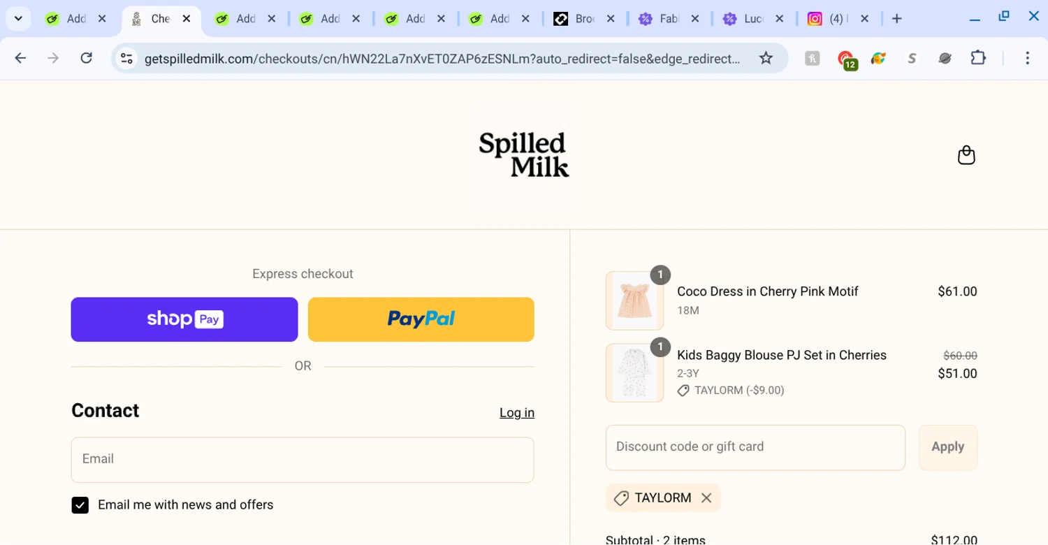Spilled Milk Clothing promo code screenshot showing code taylorm applied at Spilled Milk Clothing checkout page. Uploaded by SimplyCodes community member KarinaHZ on Aug 21, 2025