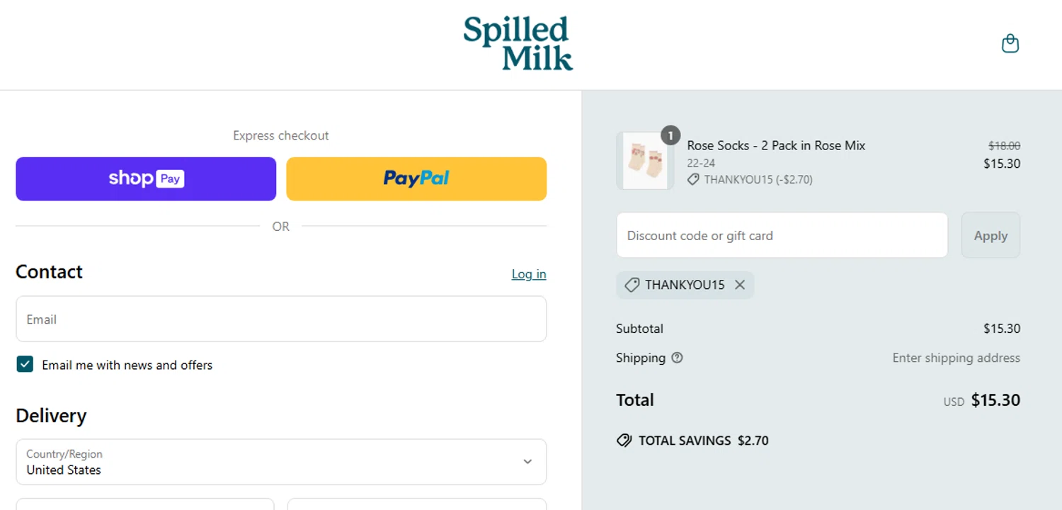 Spilled Milk Clothing promo code screenshot showing code THANKYOU15 applied at Spilled Milk Clothing checkout page. Uploaded by SimplyCodes community member Jhonny on Apr 7, 2025