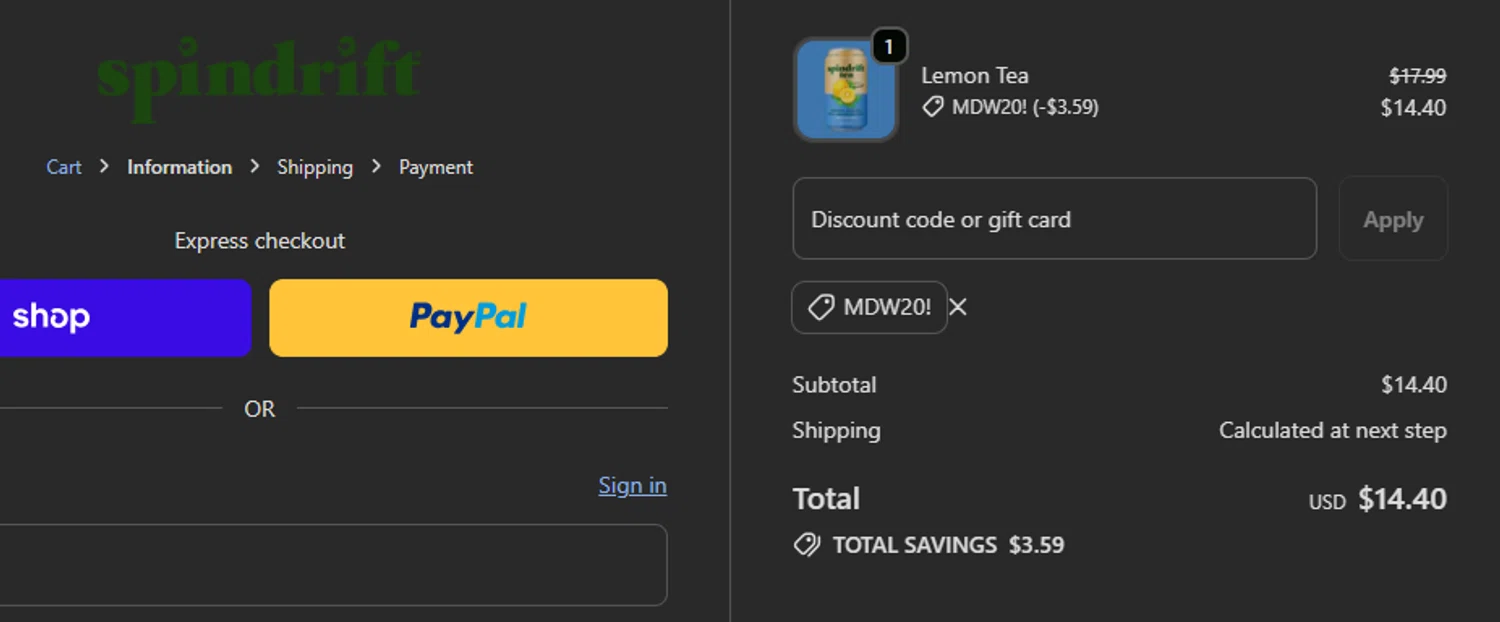 Spindrift promo code screenshot showing code MDW20! applied at Spindrift checkout page. Uploaded by SimplyCodes community member josemiguelaponte on May 19, 2026