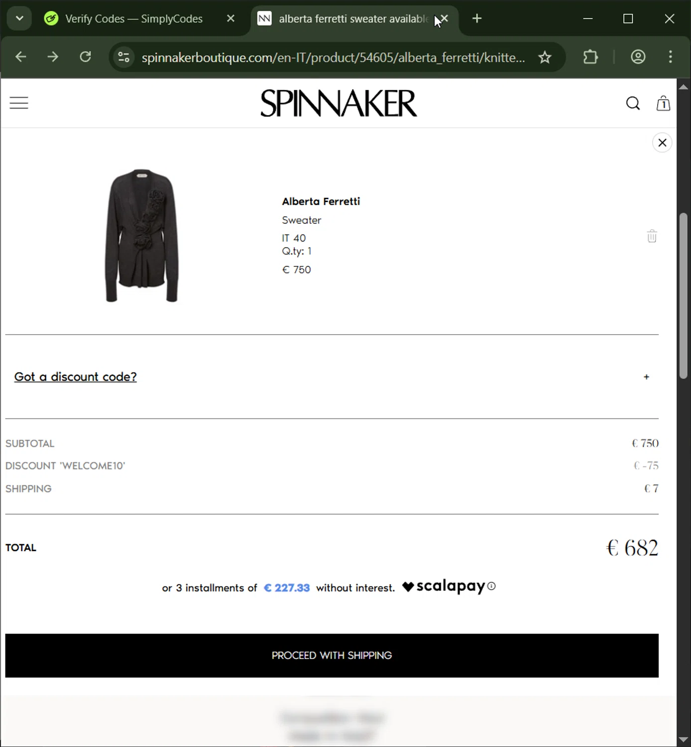 Spinnaker Boutique promo code screenshot showing code WELCOME10 applied at Spinnaker Boutique checkout page. Uploaded by SimplyCodes community member CashWizard4502 on Oct 14, 2025