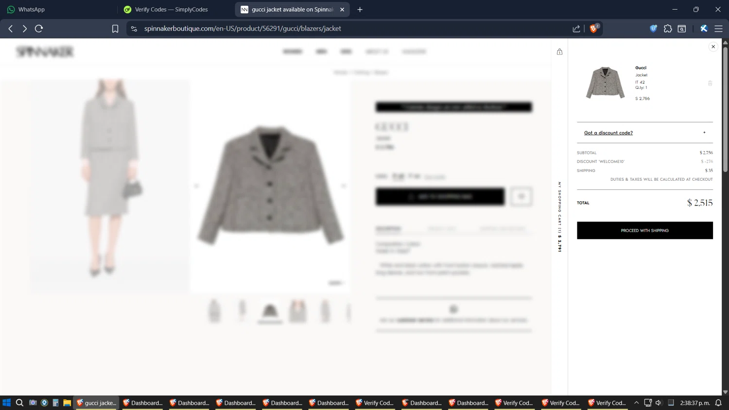 Spinnaker Boutique promo code screenshot showing code WELCOME10 applied at Spinnaker Boutique checkout page. Uploaded by SimplyCodes community member SimplyGOAT on Nov 29, 2025