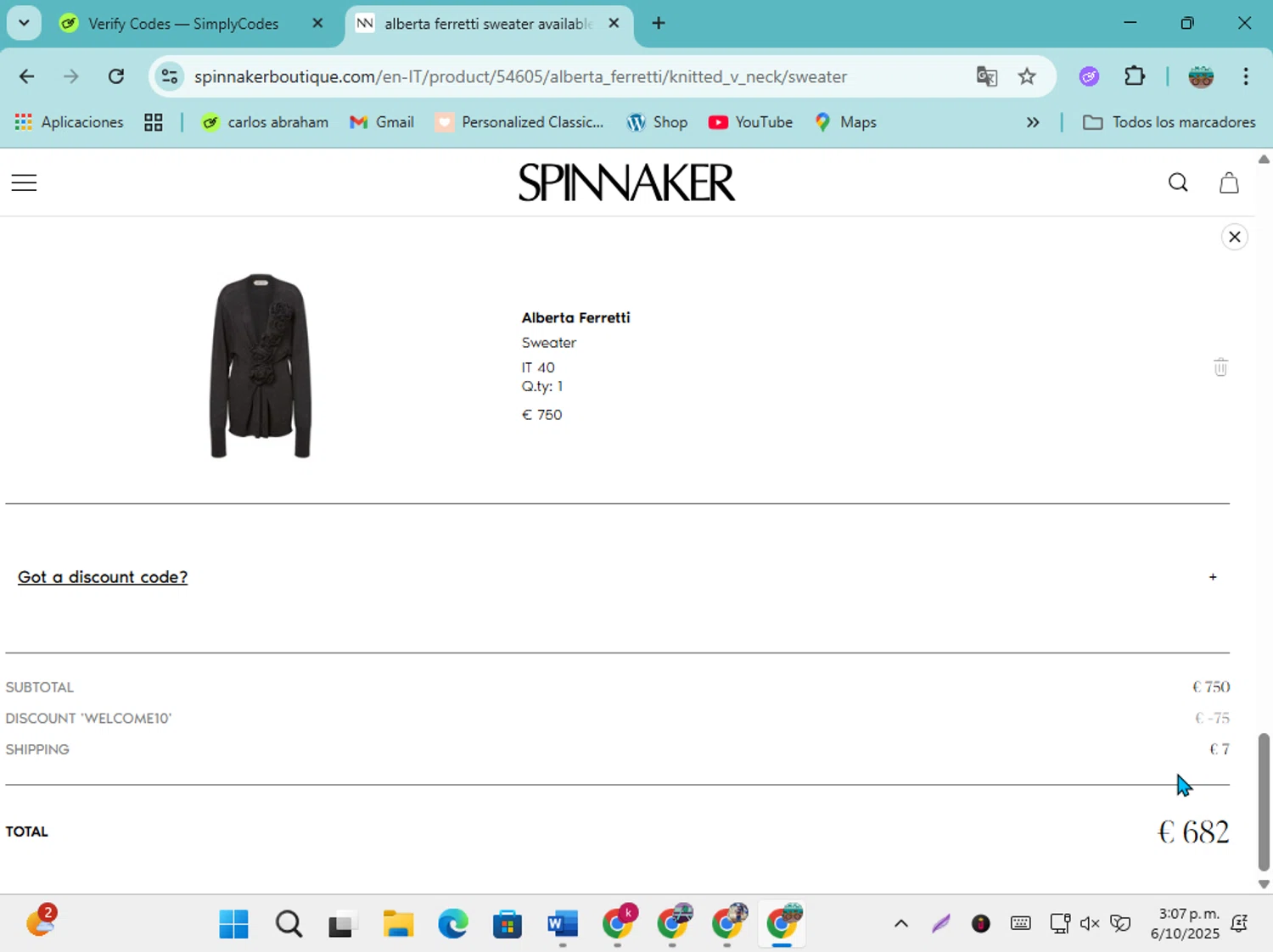 Spinnaker Boutique checkout page showing Spinnaker Boutique promo code box | Screenshot taken by SimplyCodes community member on Oct 6, 2025