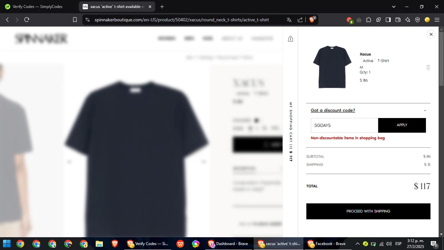 Spinnaker Boutique promo code screenshot showing code SGDAYS applied at Spinnaker Boutique checkout page. Uploaded by SimplyCodes community member Chinito0209 on Feb 27, 2025