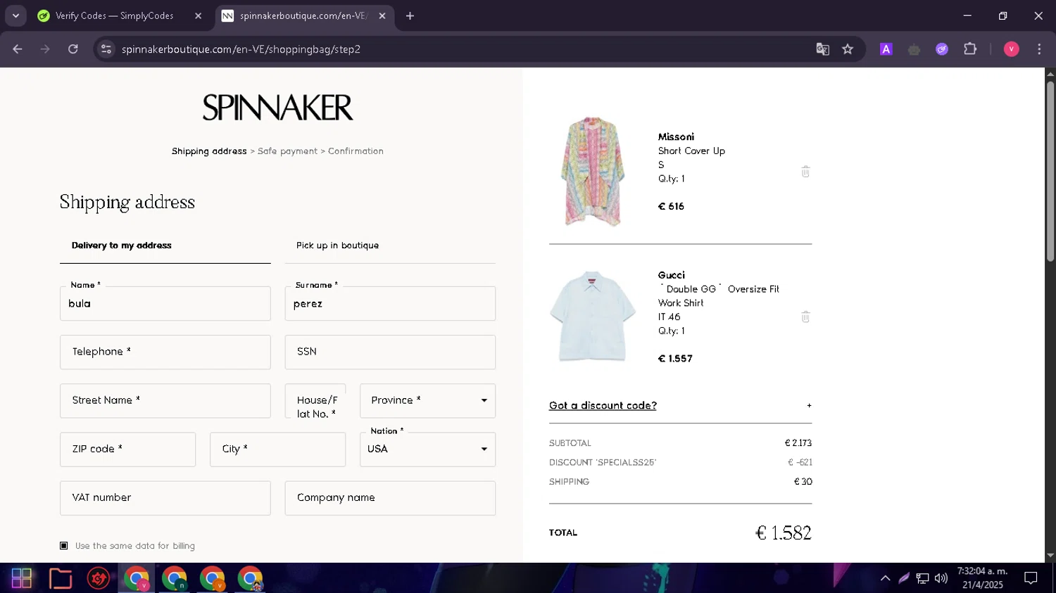 Spinnaker Boutique promo code screenshot showing code SPECIALSS25 applied at Spinnaker Boutique checkout page. Uploaded by SimplyCodes community member GloriousMaestro4930 on Apr 21, 2025