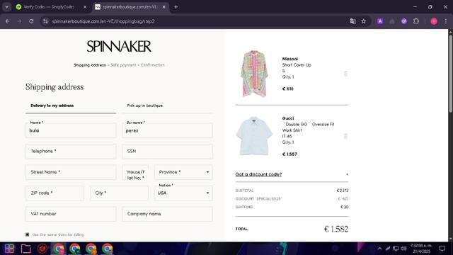 Spinnaker Boutique checkout page showing Spinnaker Boutique promo code box | Screenshot taken by SimplyCodes community member on Apr 21, 2025