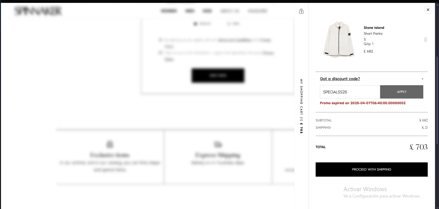 Spinnaker Boutique promo code screenshot showing code SPECIALSS25 applied at Spinnaker Boutique checkout page. Uploaded by SimplyCodes community member comepingas on May 31, 2025