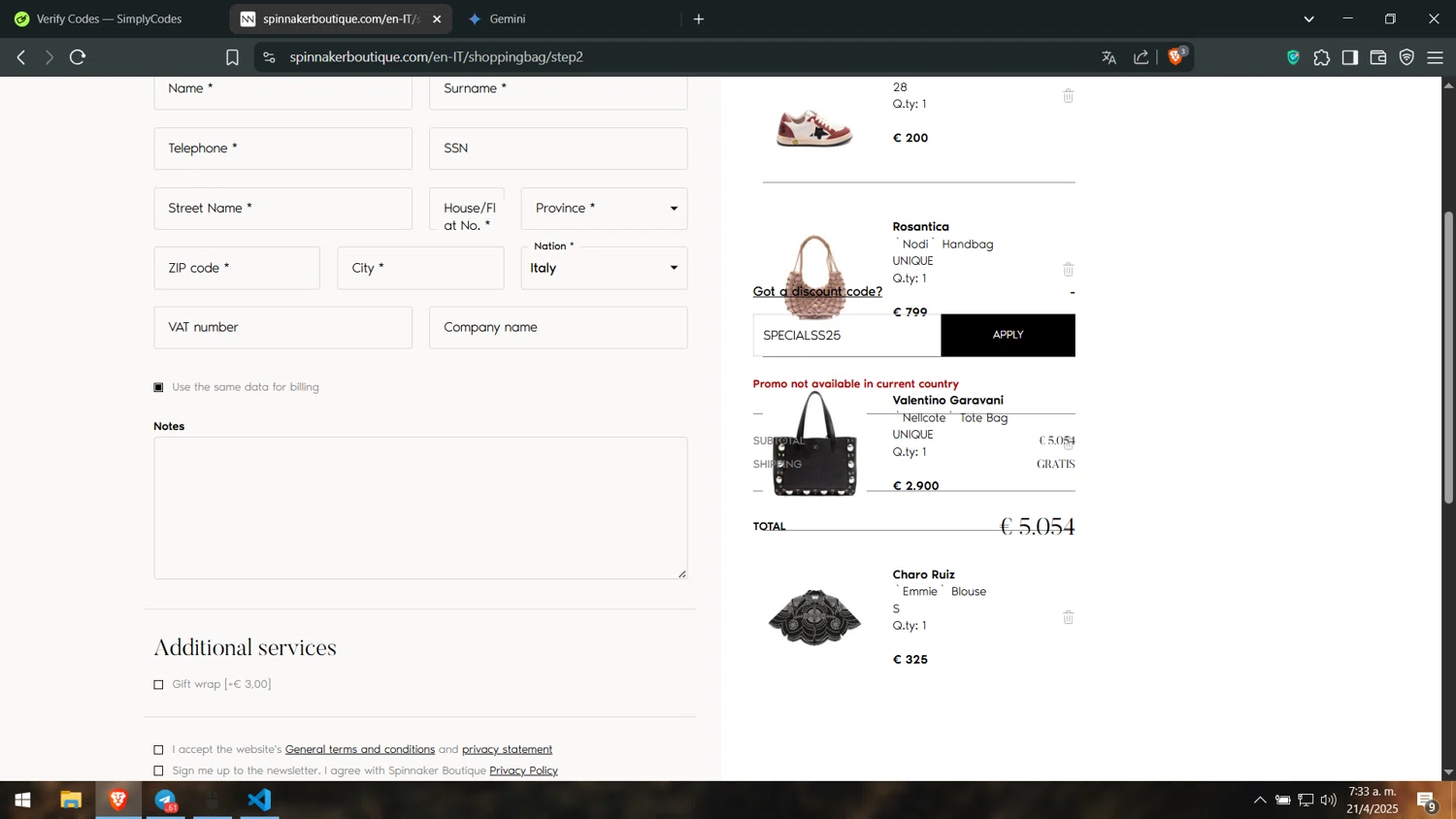 Spinnaker Boutique promo code screenshot showing code SPECIALSS25 applied at Spinnaker Boutique checkout page. Uploaded by SimplyCodes community member leonj9624 on Apr 21, 2025