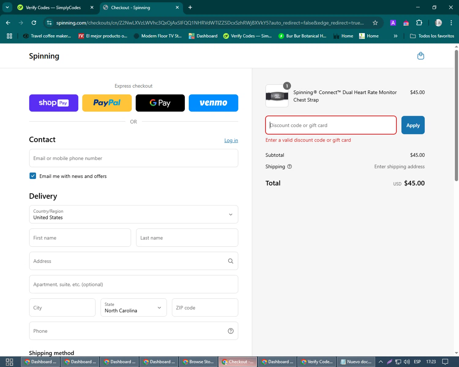 Spinning.com coupon code screenshot showing code READYTORIDE10 applied at Spinning.com checkout page. Uploaded by SimplyCodes community member John_Johnson on Mar 31, 2025
