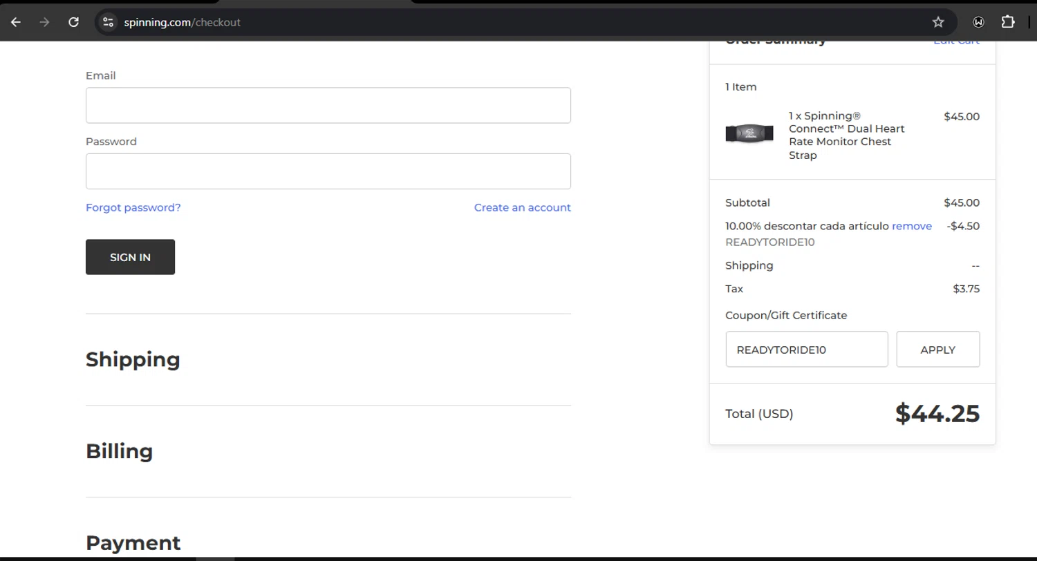 Spinning.com checkout page showing Spinning.com coupon code box | Screenshot taken by SimplyCodes community member on Feb 9, 2025