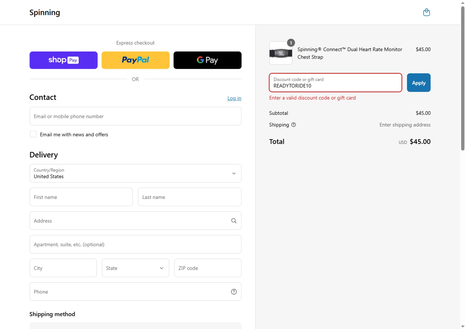 Spinning.com coupon code screenshot showing code READYTORIDE10 applied at Spinning.com checkout page. Uploaded by SimplyCodes community member SwiftPhoenix267 on Mar 31, 2025