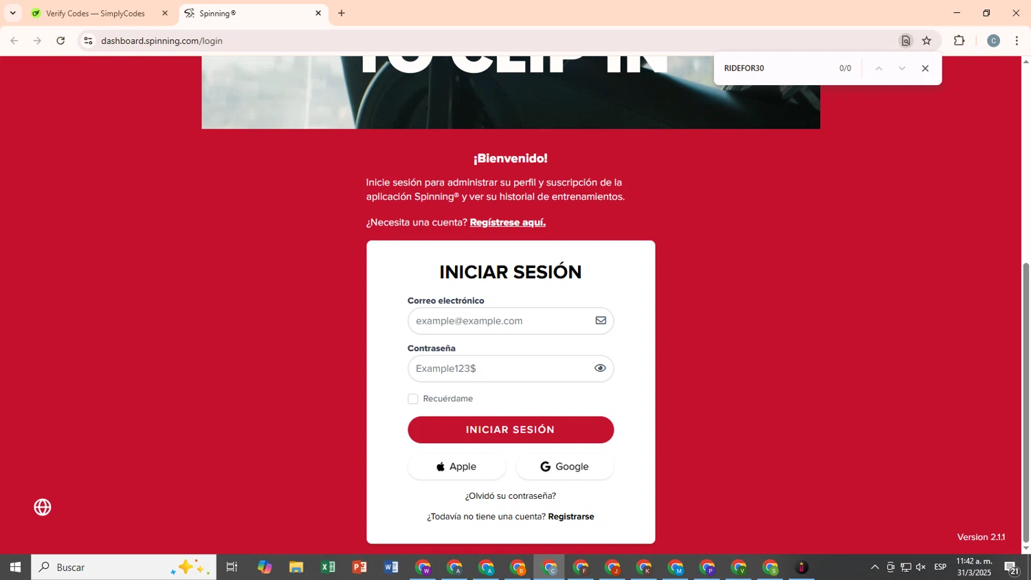Spinning.com coupon code screenshot showing code RIDEFOR30 applied at Spinning.com checkout page. Uploaded by SimplyCodes community member SwiftSage9854 on Mar 31, 2025