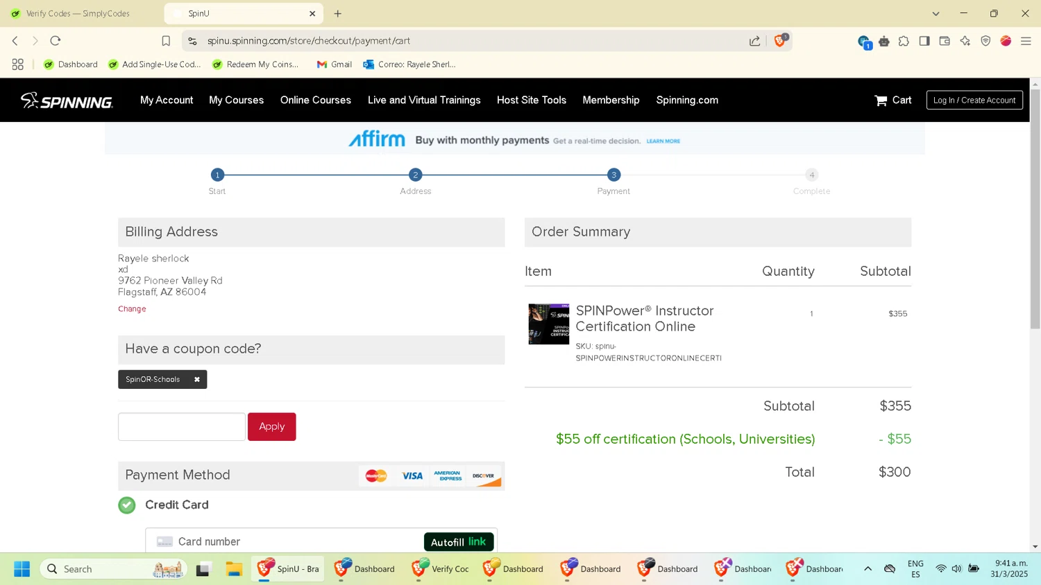 Spinning.com coupon code screenshot showing code SpinOR-Schools applied at Spinning.com checkout page. Uploaded by SimplyCodes community member Wukong on Mar 31, 2025