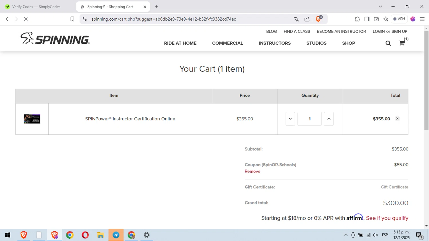 Spinning.com checkout page showing Spinning.com coupon code box | Screenshot taken by SimplyCodes community member on Jan 12, 2025