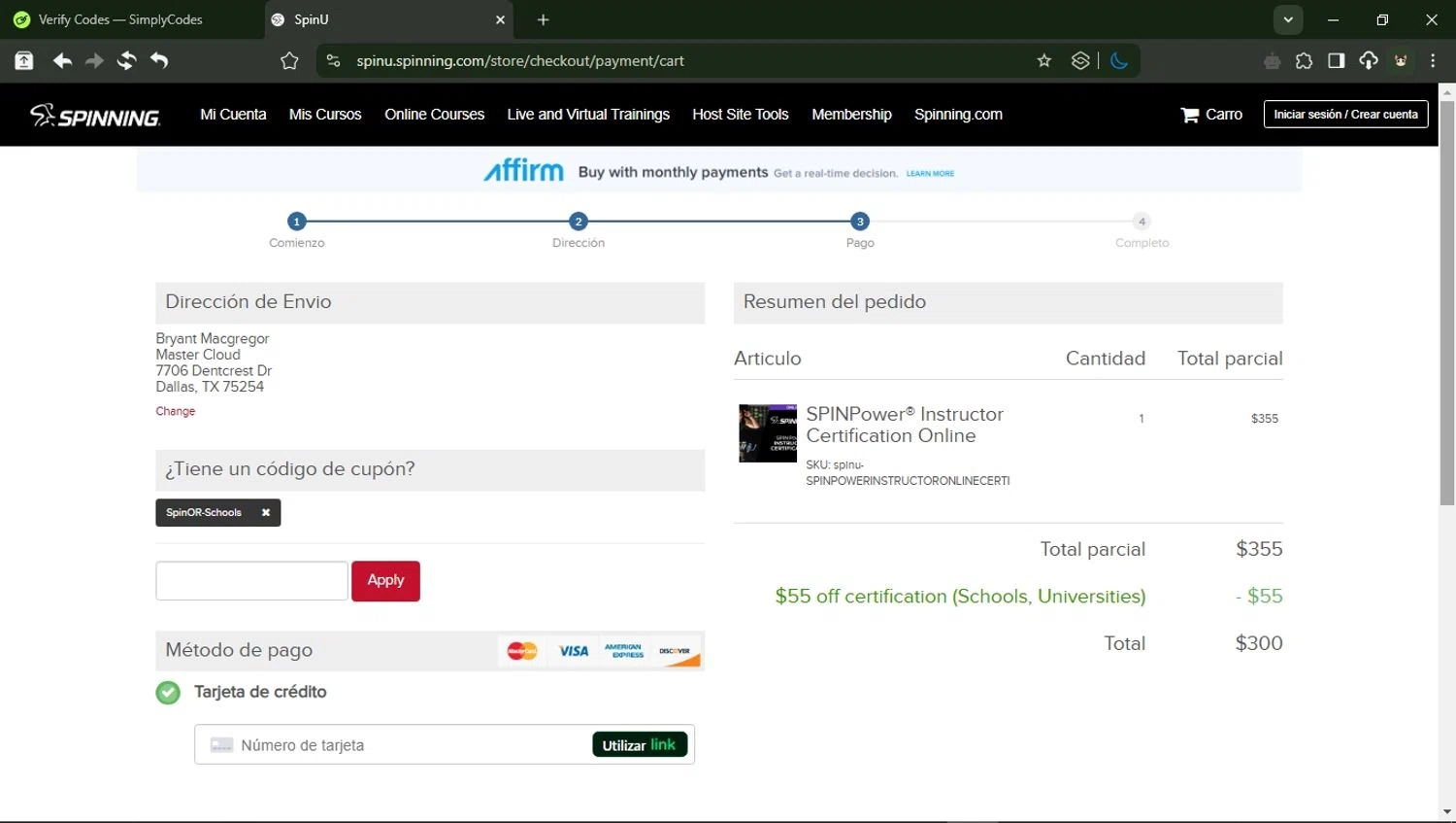 Spinning.com checkout page showing Spinning.com coupon code box | Screenshot taken by SimplyCodes community member on Mar 31, 2025