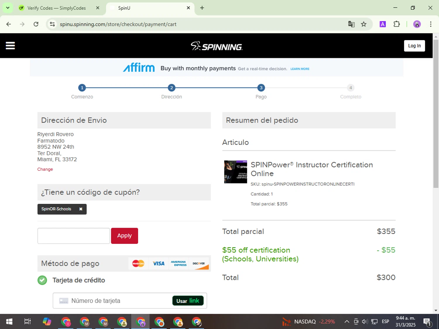 Spinning.com coupon code screenshot showing code SpinOR-Schools applied at Spinning.com checkout page. Uploaded by SimplyCodes community member PrimeWizard5860 on Mar 31, 2025