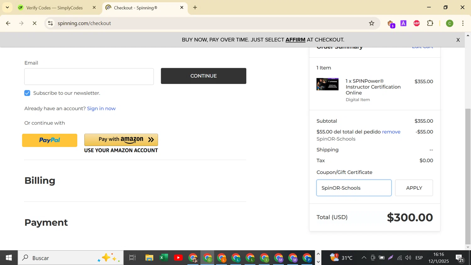 Spinning.com checkout page showing Spinning.com coupon code box | Screenshot taken by SimplyCodes community member on Jan 12, 2025
