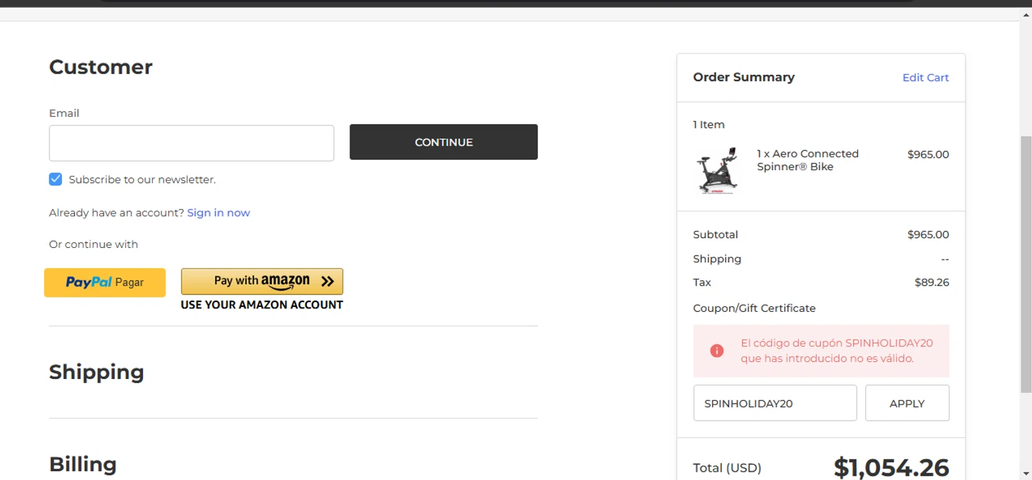 Spinning.com coupon code screenshot showing code SPINHOLIDAY20 applied at Spinning.com checkout page. Uploaded by SimplyCodes community member Sebastiangil on Jan 13, 2025