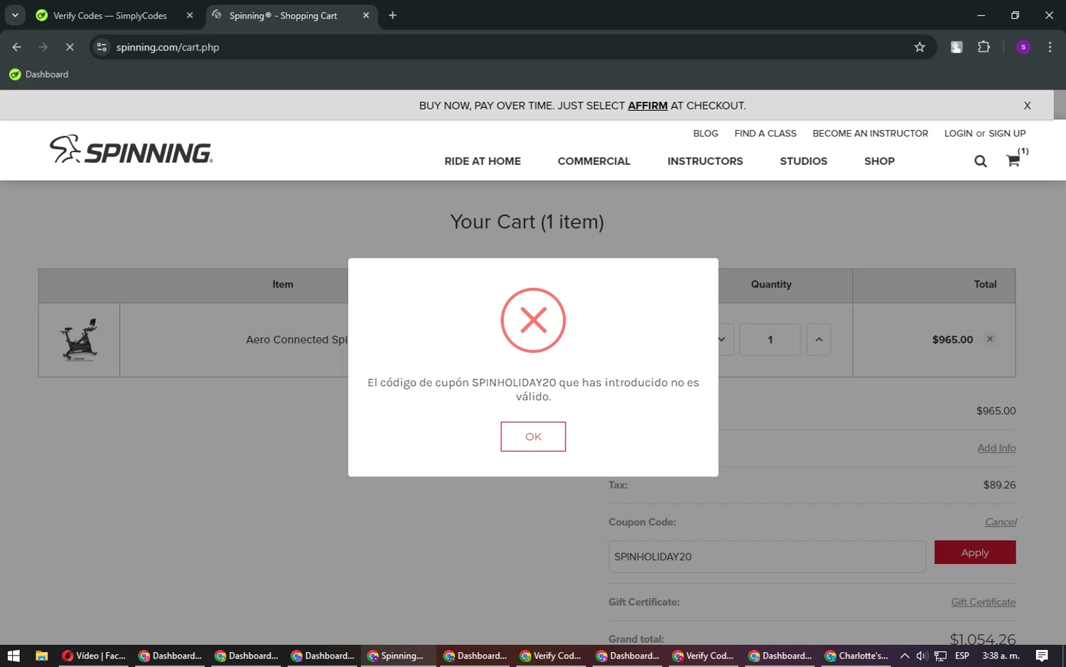 Spinning.com coupon code screenshot showing code SPINHOLIDAY20 applied at Spinning.com checkout page. Uploaded by SimplyCodes community member FrugalLegend5728 on Jan 13, 2025