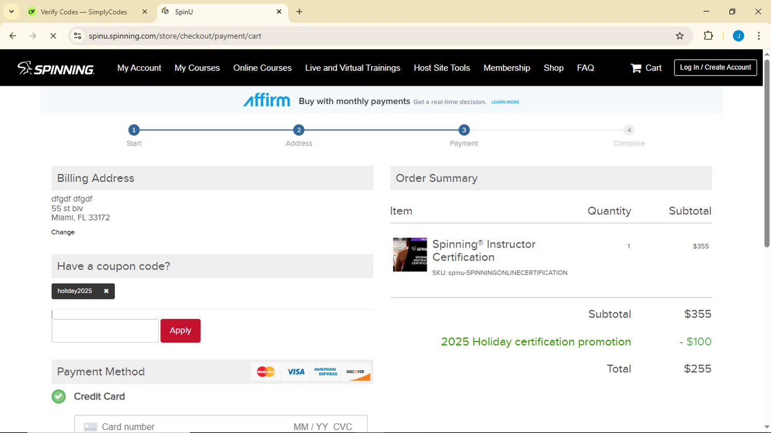Spinning.com checkout page showing Spinning.com coupon code box | Screenshot taken by SimplyCodes community member on Dec 31, 2025