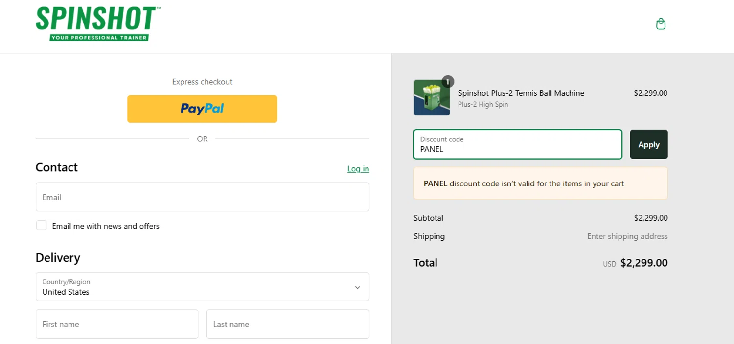 Spinshot Sports discount code screenshot showing code PANEL applied at Spinshot Sports checkout page. Uploaded by SimplyCodes community member ThriftyCurator7369 on Feb 22, 2025