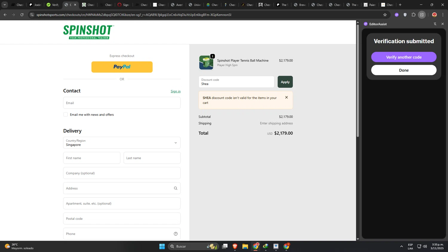 Spinshot Sports discount code screenshot showing code Shea applied at Spinshot Sports checkout page. Uploaded by SimplyCodes community member GloriousWizard5474 on Nov 3, 2025
