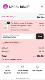 Spiral Bible coupon verification screenshot