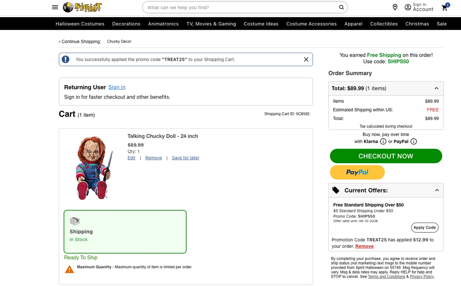 Spirit Halloween promo code screenshot showing code TREAT25 applied at Spirit Halloween checkout page. Uploaded by SimplyCodes community member ELOIN777 on Jun 5, 2026