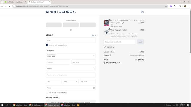 Spirit Jersey checkout page showing Spirit Jersey promo code box | Screenshot taken by SimplyCodes community member on Sep 9, 2025