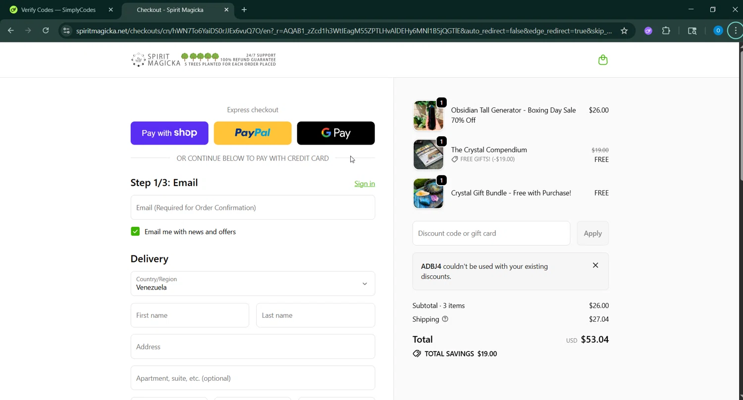 Spirit Magicka promo code screenshot showing code ADBJ4 applied at Spirit Magicka checkout page. Uploaded by SimplyCodes community member _____________ on Jan 11, 2026