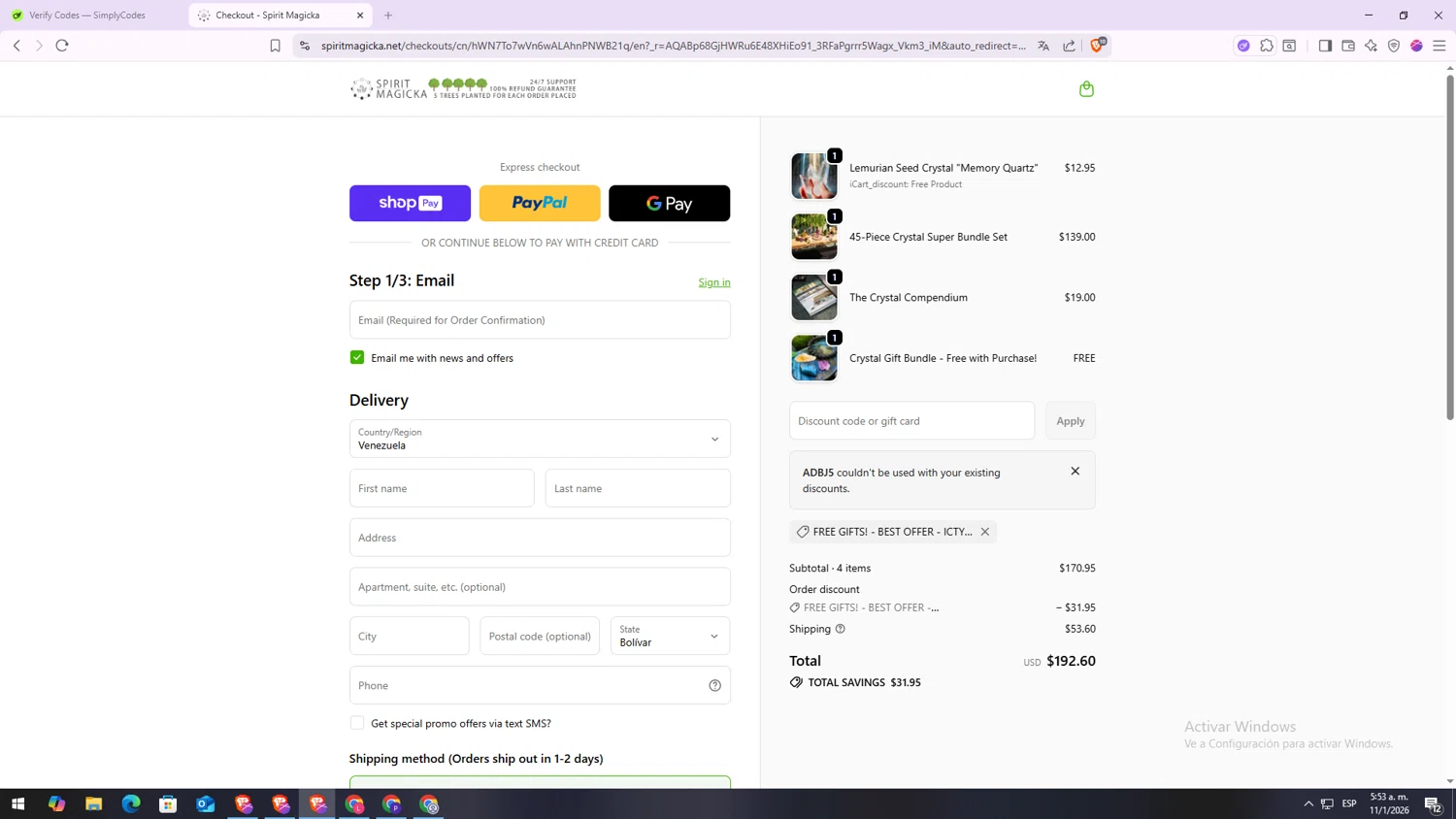 Spirit Magicka promo code screenshot showing code ADBJ5 applied at Spirit Magicka checkout page. Uploaded by SimplyCodes community member VoucherSpotter6910 on Jan 11, 2026